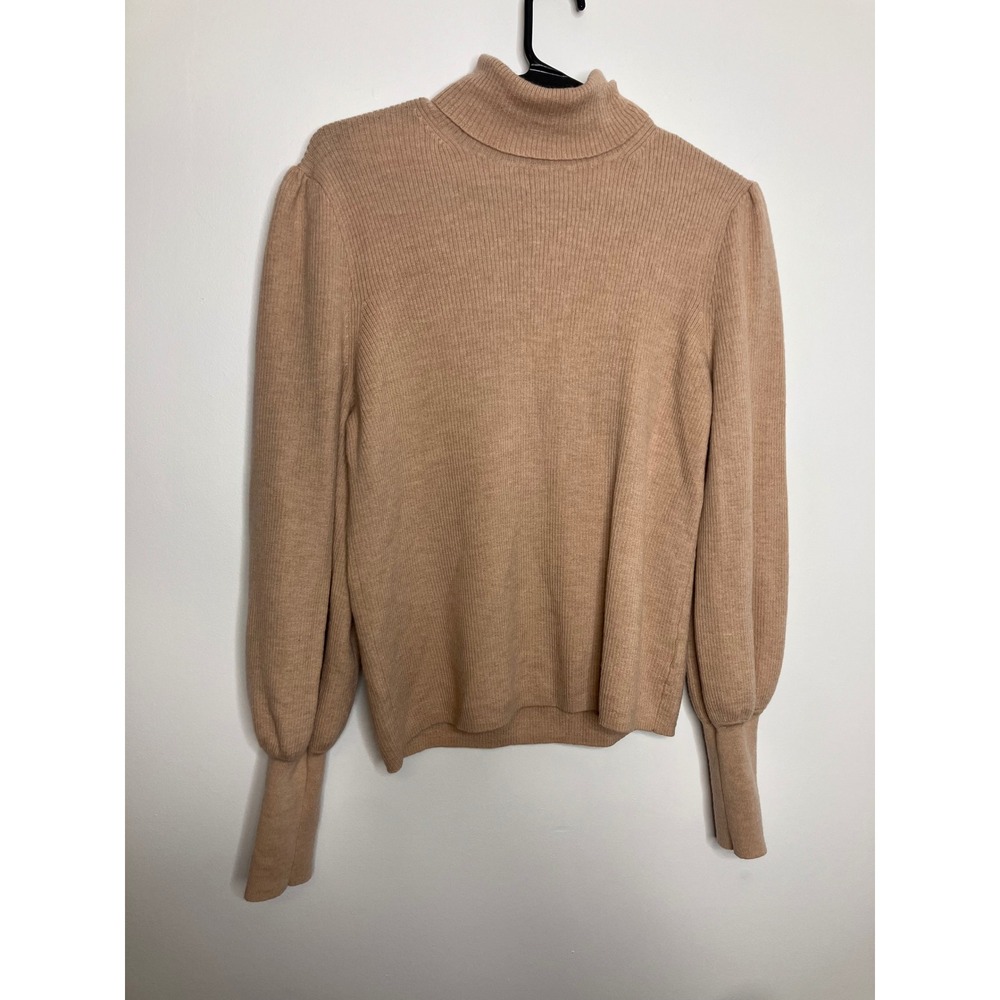 J.Crew Turtleneck Sweater Womens L Tan Excellent Merino Wool Puff Sleeve Ribbed